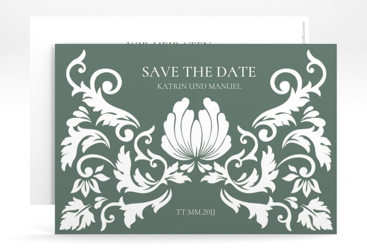 Save the Date-Karte Royal A6 Karte quer gruen hochglanz mit barockem Blumen-Ornament