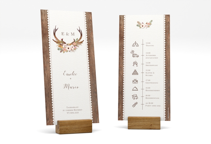 Tagesablauf Hochzeit Heimatjuwel lange Karte hoch braun mit Hirschgeweih und Holz-Hintergrund