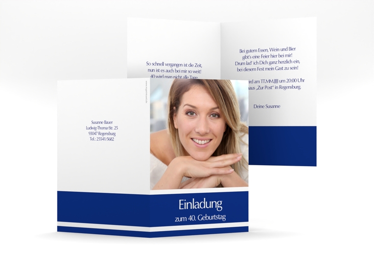 Einladung 40. Geburtstag Gerd/Gerda A6 Klappkarte hoch blau mit Foto