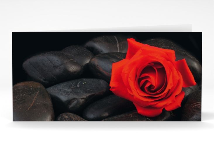 Danksagungskarte Trauer Stille lange Klappkarte quer rot mit Rosenblüte
