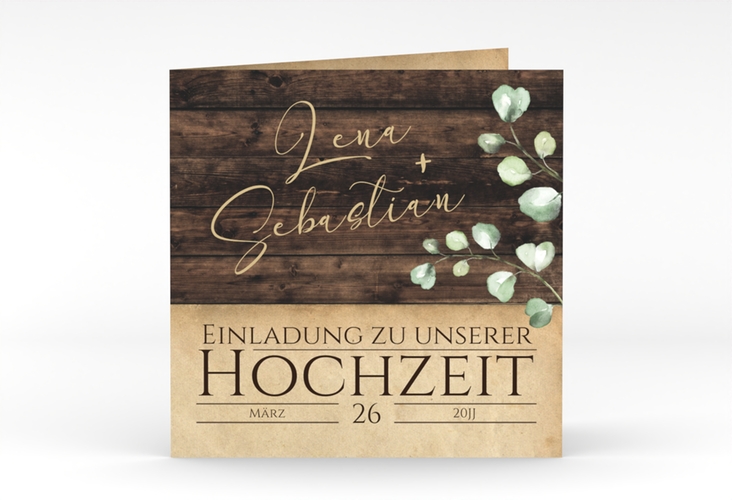 Hochzeitseinladung Landhaus quadr. Klappkarte braun hochglanz in Holz-Optik mit Eukalyptus