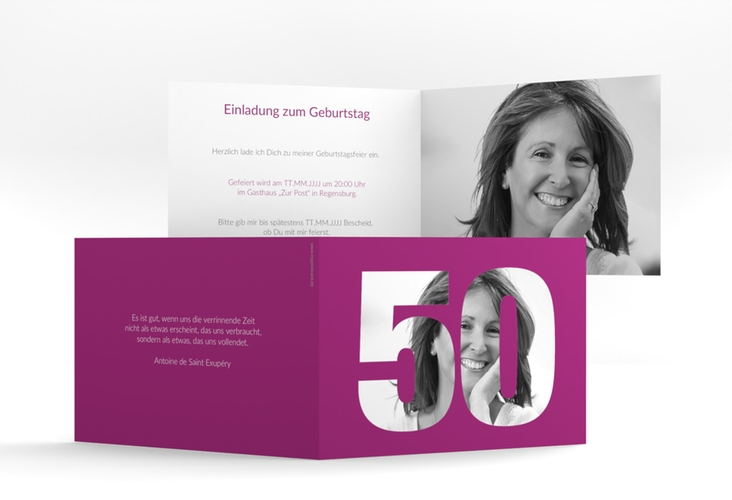 Einladung 50. Geburtstag Numbers A6 Klappkarte quer pink