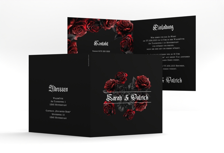 Hochzeitseinladung Gothic Rose quadr. Klappkarte schwarz hochglanz