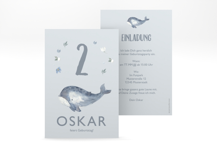 Einladungskarte Kindergeburtstag "Walfisch" DIN A6 hoch mit niedlichem Wal in Aquarell