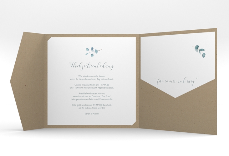 Hochzeitseinladung "Greenheart" Pocketfold grau mit elegantem Herz und Eukalyptus-Zweig