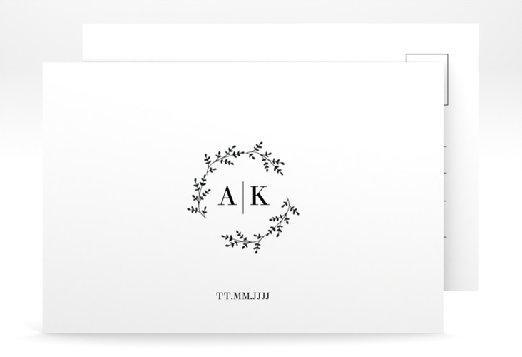 Save the Date-Postkarte Filigrana A6 Postkarte schwarz in reduziertem Design mit Initialen und zartem Blätterkranz