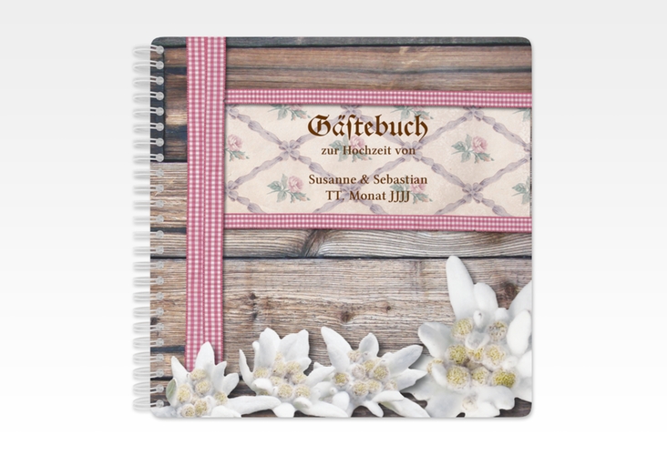 Gästebuch Hochzeit Bayern Ringbindung rot mit Edelweiß in rustikaler Holz-Optik