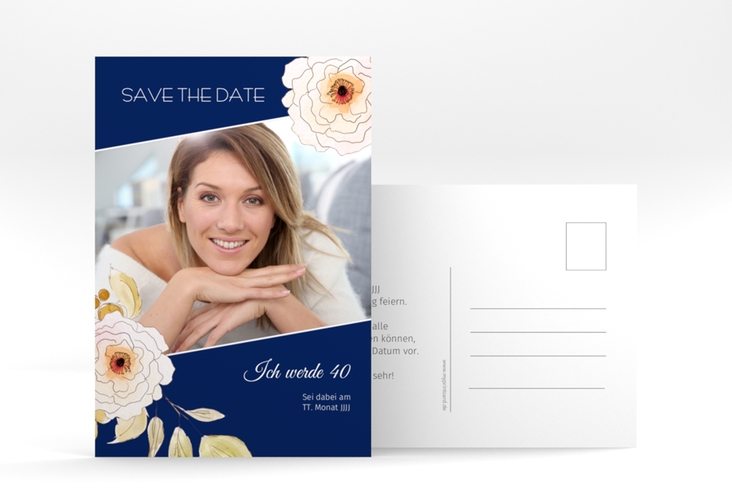 Save the Date-Postkarte Geburtstag Fleur A6 Postkarte blau hochglanz