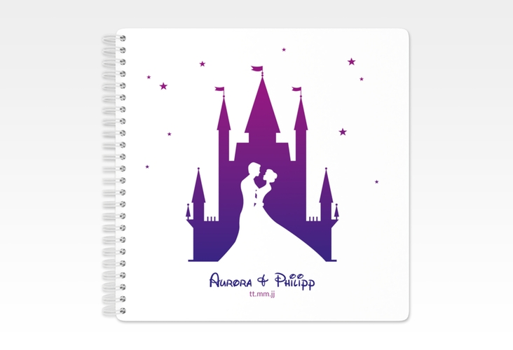 Gästebuch Hochzeit Castle Ringbindung weiss mit Silhouette von Märchenschloss mit Prinz und Prinzessin