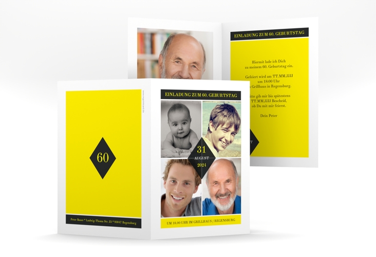 Einladung 60. Geburtstag Rhombus A6 Klappkarte hoch gelb hochglanz modern mit vier Fotos