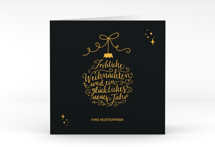 Geschäftliche Weihnachtskarte Lichterglanz quadr. Klappkarte schwarz hochglanz mit Weihnachtskugel-Kalligrafie