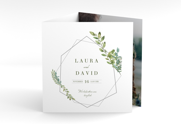 Dankeskarte Hochzeit Herbarium quadr. Doppel-Klappkarte grau mit geometrischem Rahmen und Blätter-Dekor