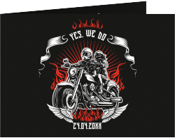 Klick: Details zu Hochzeitseinladung "Biker" anzeigen Hochzeitseinladung Biker mittlere Klappkarte quer schwarz mit Rocker-Paar auf Motorrad