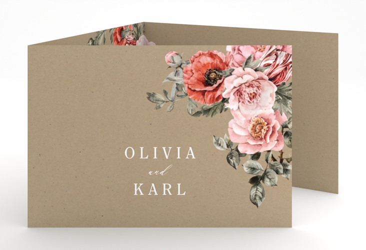 Hochzeitseinladung Grazioso A6 Doppel-Klappkarte Kraftpapier modern mit Mohnblumen und Rosen