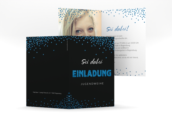 Einladungskarte Jugendweihe Glimmer A6 Klappkarte hoch blau hochglanz