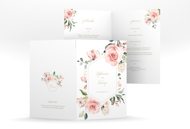 Menükarte Hochzeit Graceful A5 Klappkarte hoch weiss hochglanz mit Rosenblüten in Rosa und Weiß