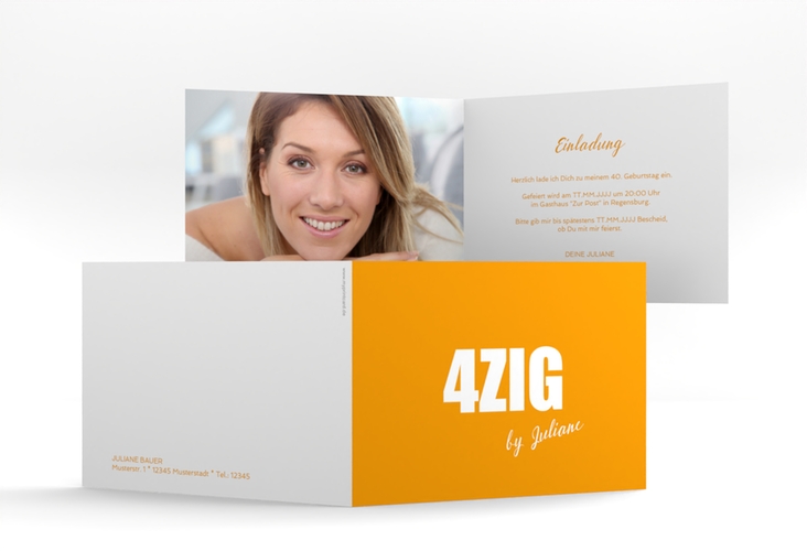 Einladung 40. Geburtstag Zig A6 Klappkarte quer orange