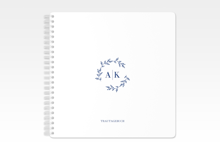 Trautagebuch Hochzeit Filigrana Trautagebuch Hochzeit blau in reduziertem Design mit Initialen und zartem Blätterkranz
