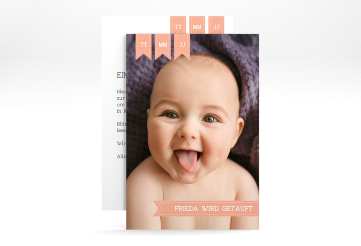 Taufeinladung Trust A6 Karte hoch apricot mit Baby-Foto