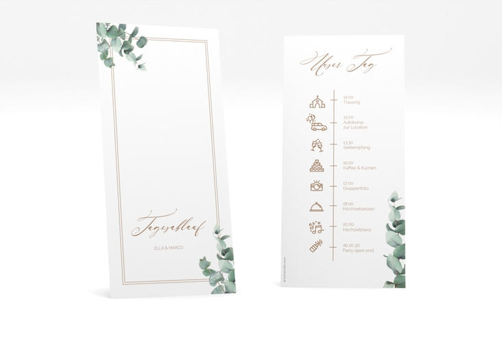 Tagesablauf Hochzeit Eucalypt lange Karte hoch mit Eukalyptus und edlem Rahmen