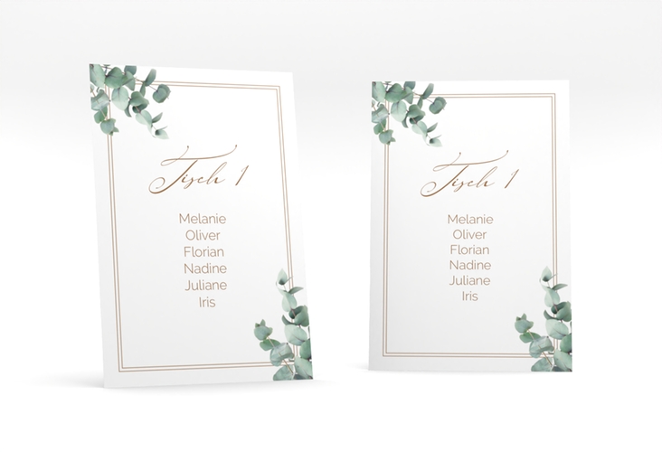 Tischaufsteller Hochzeit Eucalypt Tischaufsteller weiss mit Eukalyptus und edlem Rahmen