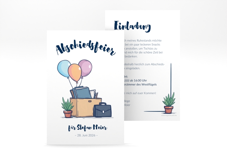 Party Einladungskarte Verabschiedung A6 Karte hoch im Cartoon-Stil mit Aktentasche, Topfpflanze und Schachtel voll Habseligkeiten mit Luftballons