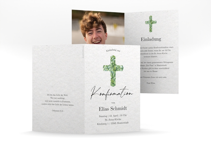 Einladung Konfirmation Greenery Cross A6 Klappkarte hoch