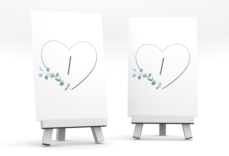 Tischnummer Hochzeit Greenheart Tischaufsteller grau mit elegantem Herz und Eukalyptus-Zweig