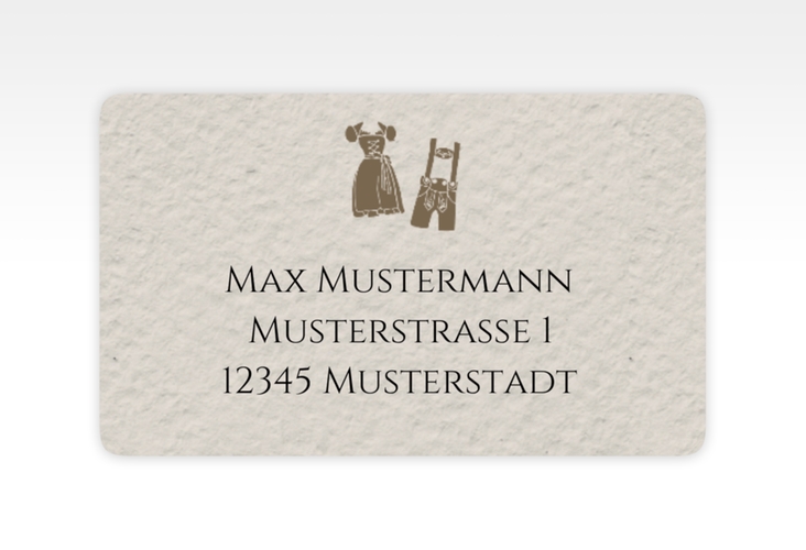 Empfängeretikett Hochzeit Trachtenhochzeit 63,5 x 38,1 mm beige mit Dirndl und Lederhose