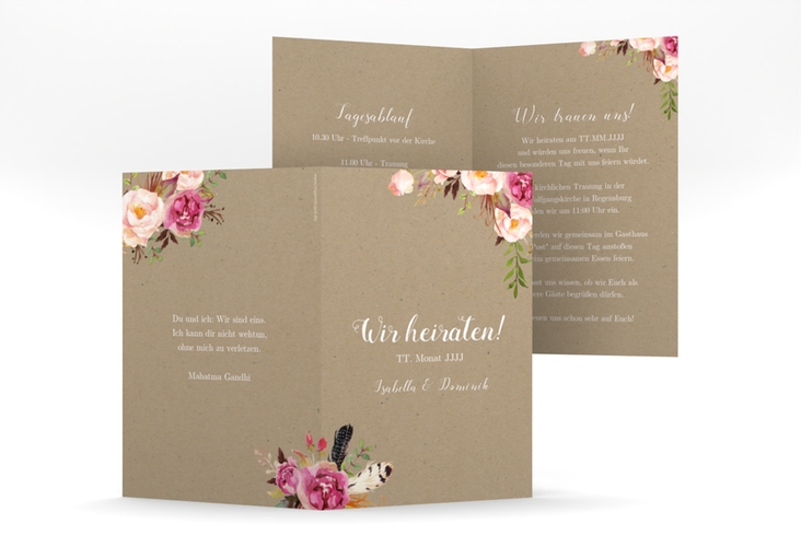 Einladungskarte Hochzeit Flowers A6 Klappkarte hoch Kraftpapier hochglanz mit bunten Aquarell-Blumen