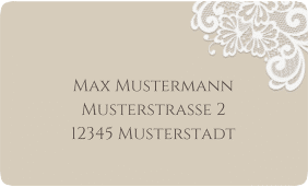 Klick: Details zu Empfängeretikett Hochzeit "Vintage" anzeigen Empfängeretikett Hochzeit Vintage 63,5 x 38,1 mm beige mit floraler Spitze