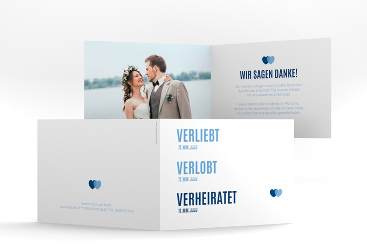 Danksagungskarte Hochzeit Couple A6 Klappkarte quer blau hochglanz