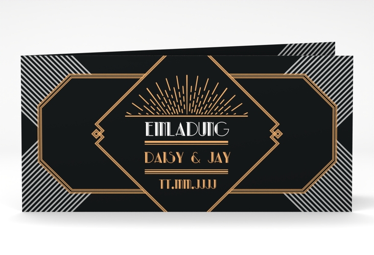 Hochzeitseinladung Gatsby lange Klappkarte quer schwarz im 20er-Jahre-Stil