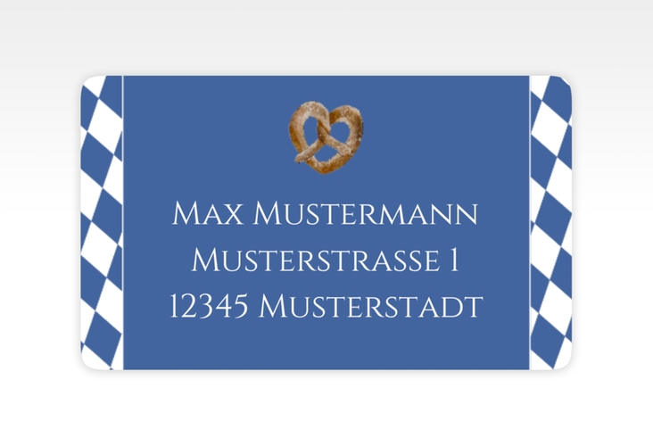 Empfängeretikett Hochzeit Bayrisch 63,5 x 38,1 mm blau mit weiß-blauen Rauten und Brezel in Herzform