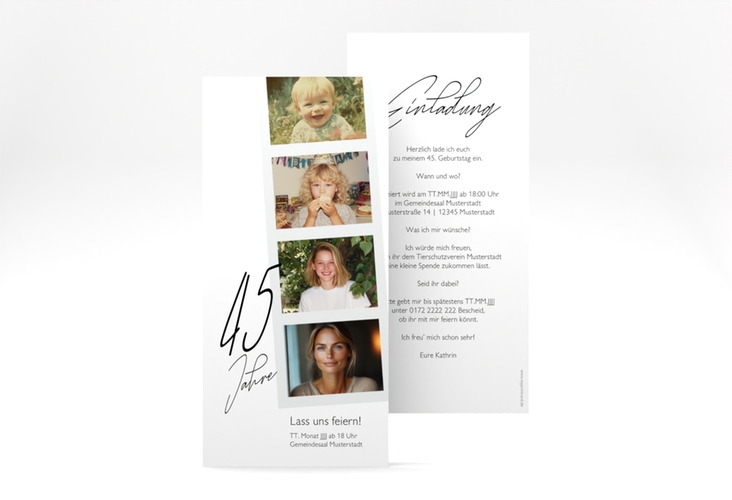 Einladung Geburtstag Fotostreifen lange Karte hoch weiss