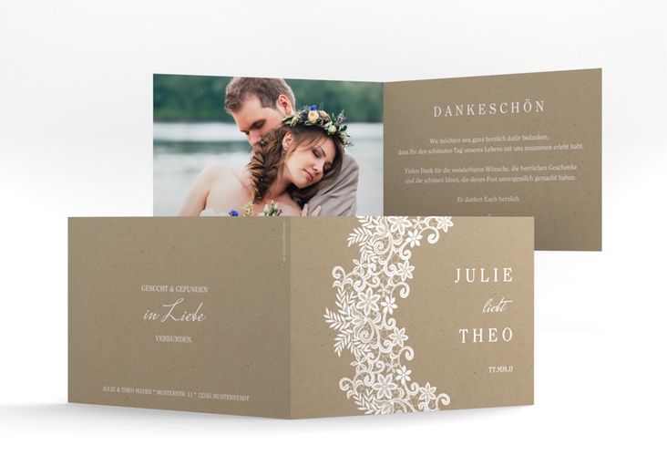 Danksagungskarte Hochzeit Mariage A6 Klappkarte quer mit Bogen aus weißer Spitze