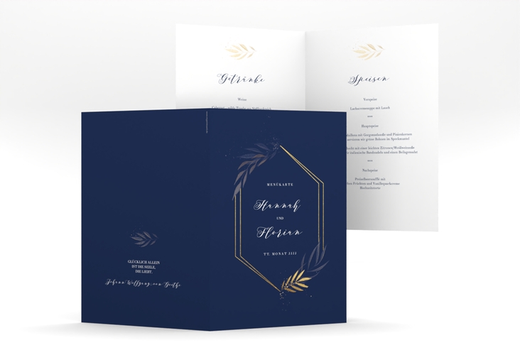 Menükarte Hochzeit Eleganza A5 Klappkarte hoch blau