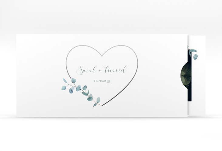 Hochzeitseinladung Greenheart Einsteckkarte grau mit elegantem Herz und Eukalyptus-Zweig
