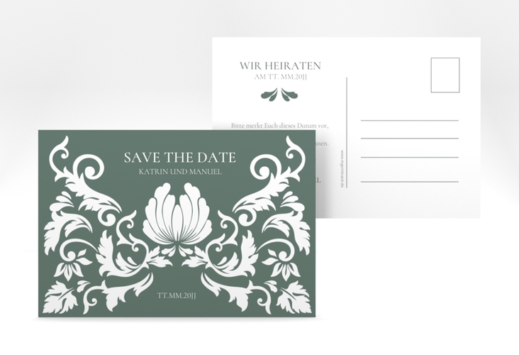 Save the Date-Postkarte Royal A6 Postkarte gruen mit barockem Blumen-Ornament