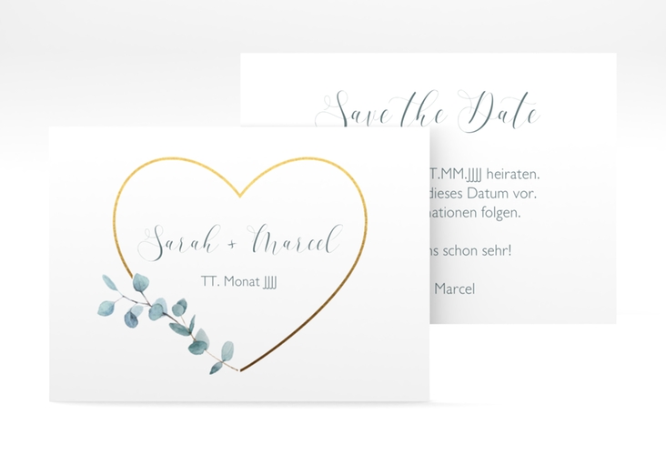 Save the Date-Visitenkarte Greenheart Visitenkarte quer gold mit elegantem Herz und Eukalyptus-Zweig