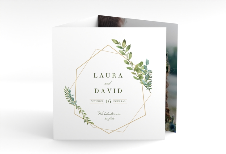 Dankeskarte Hochzeit Herbarium quadr. Doppel-Klappkarte mit geometrischem Rahmen und Blätter-Dekor
