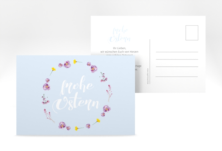 Osterkarte Fiorellino A6 Postkarte blau hochglanz Pastell mit Blumenkranz