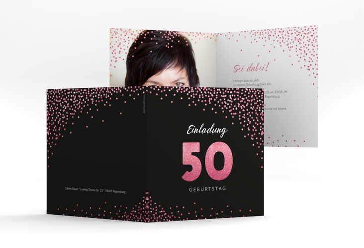 Einladung 50. Geburtstag Glitzer quadr. Klappkarte