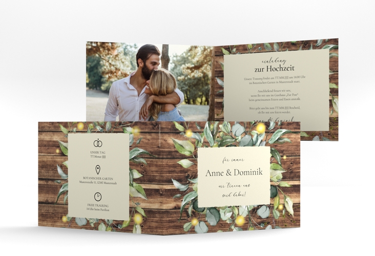Hochzeitseinladung "Greenwood" DIN A6 Klappkarte quer im Greenery-Design mit Holz, Eukalyptus und Immergrün