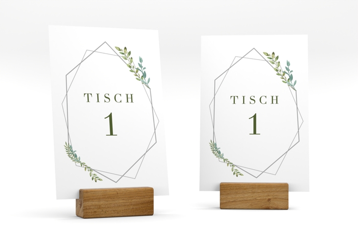Tischnummer Hochzeit Herbarium Tischaufsteller grau mit geometrischem Rahmen und Blätter-Dekor