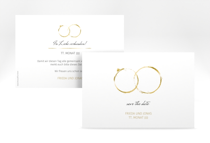 Save the Date-Karte Trauringe A6 Karte quer gold minimalistisch gestaltet mit zwei Eheringen