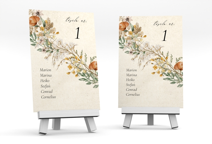 Tischaufsteller Hochzeit Wildfang Tischaufsteller beige mit getrockneten Wiesenblumen