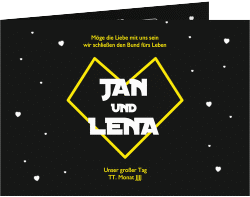 Klick: Details zu Hochzeitseinladung "Starlove" anzeigen Hochzeitseinladung Starlove mittlere Klappkarte quer schwarz mit Sci-Fi-Universum
