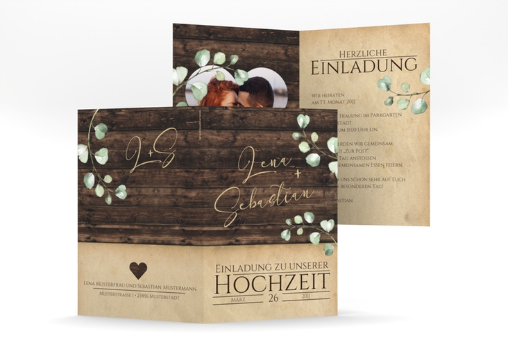 Einladungskarte Hochzeit Landhaus A6 Klappkarte hoch braun in Holz-Optik mit Eukalyptus