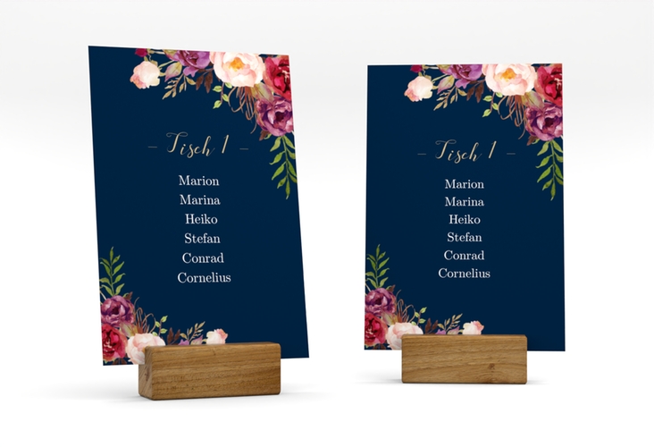 Tischaufsteller Hochzeit Flowers Tischaufsteller blau mit bunten Aquarell-Blumen